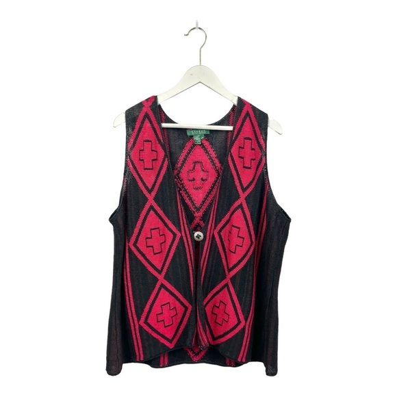 Lauren Ralph Lauren 100% Linen Southwestern Knit Vest in Black and Red Size 1X - Picture 2 of 6